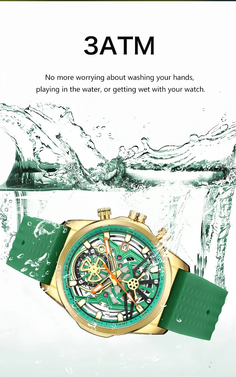 Sport Quartz Watch Men Fashion Waterproof Chronograph Wristwatch with Date Olive Green Silicone Strap Luminous