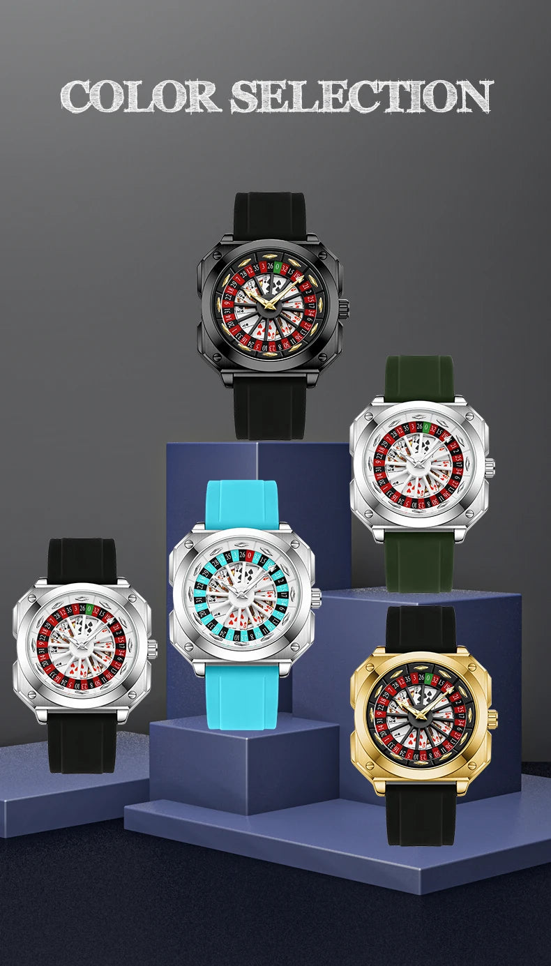 Brand Quartz Movement Men Watch 42mm Square Silver Black Silicone Clock Creative Rotating Compass Military Men Watch