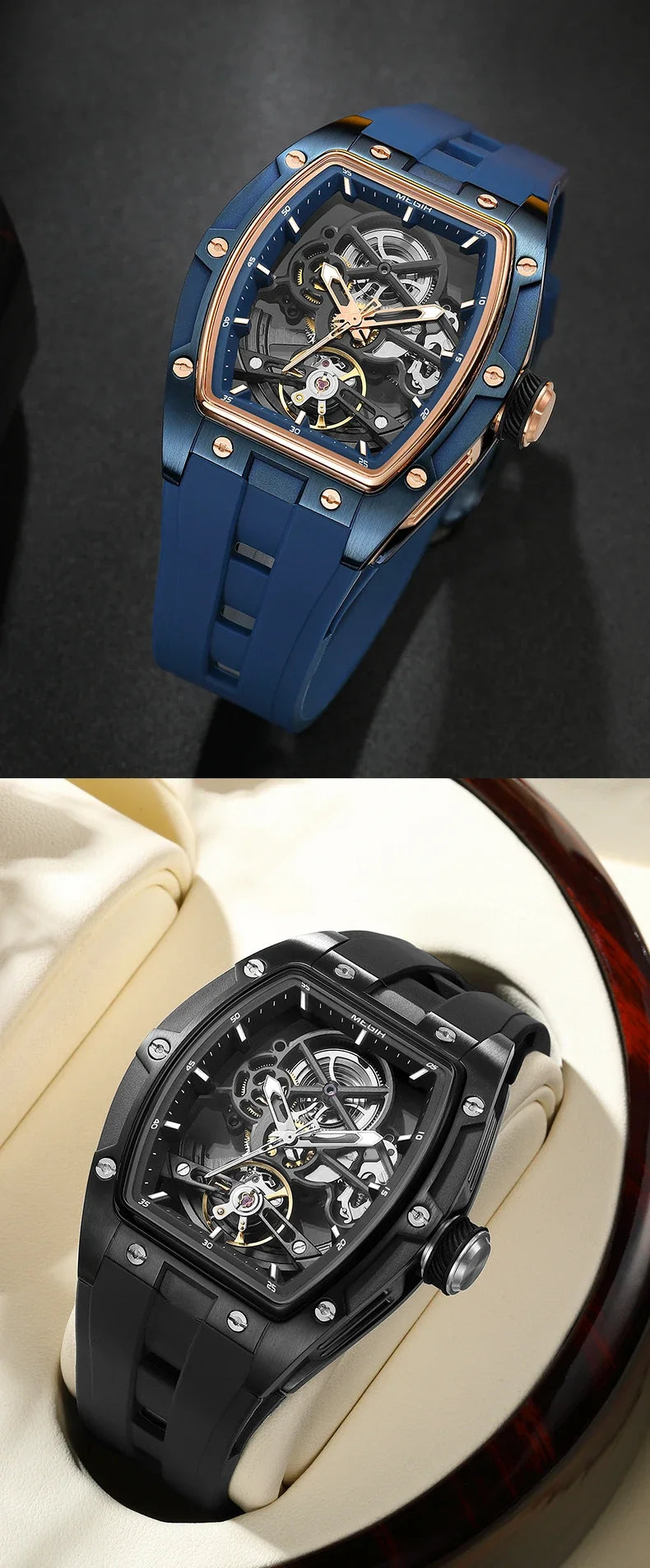 Men's Automatic Mechanical Watch with Stainless Steel Case Silicone Band Skeleton Dial Waterproof Sport Wristwatch