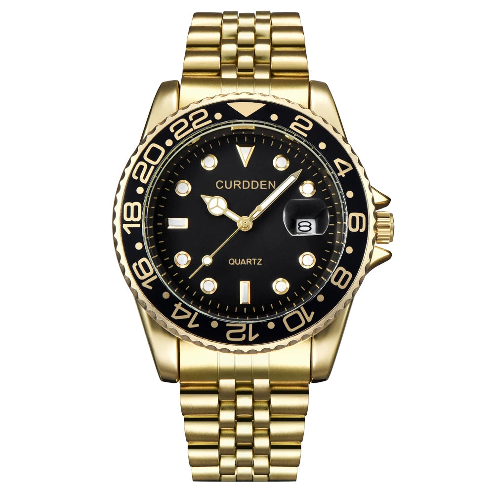 Men’s Classic Quartz Watch – Gold & Silver Full Steel, Vintage Style, Simple Date, Elegant Wristwatch