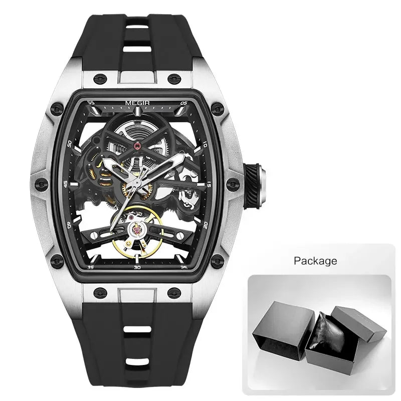 Men's Automatic Mechanical Watch with Stainless Steel Case Silicone Band Skeleton Dial Waterproof Sport Wristwatch