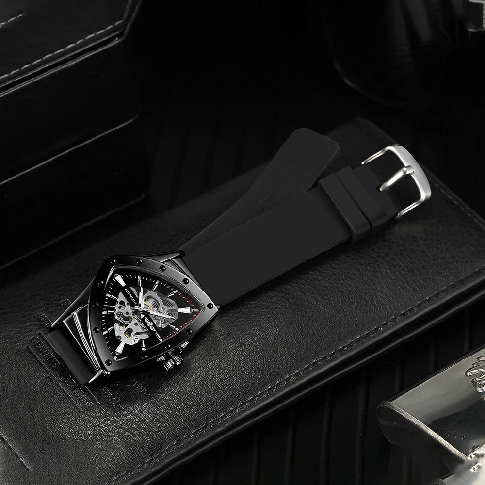 High Range Men's Automatic Mechanica Watches Luminous Luxury Tourbillon Gold Wristwatch Rubber Strap Triangle