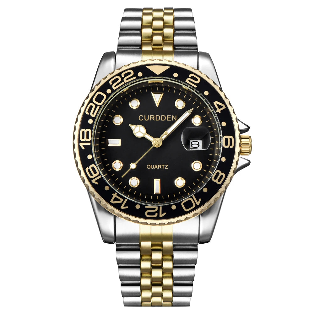 Men’s Classic Quartz Watch – Gold & Silver Full Steel, Vintage Style, Simple Date, Elegant Wristwatch