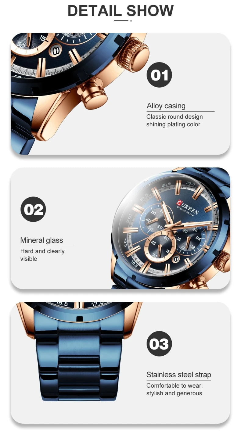 Top Brand Luxury Military Leather Wrist Watch Casual Sport Watches for Men Blue Man Clock Fashion Chronograph Wristwatch