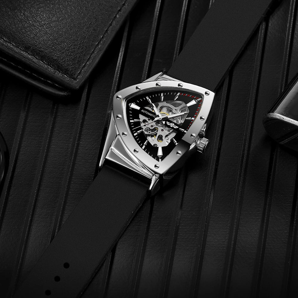 High Range Men's Automatic Mechanica Watches Luminous Luxury Tourbillon Gold Wristwatch Rubber Strap Triangle