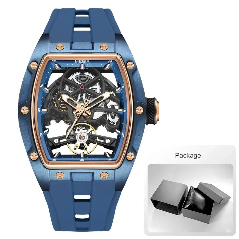 Men's Automatic Mechanical Watch with Stainless Steel Case Silicone Band Skeleton Dial Waterproof Sport Wristwatch