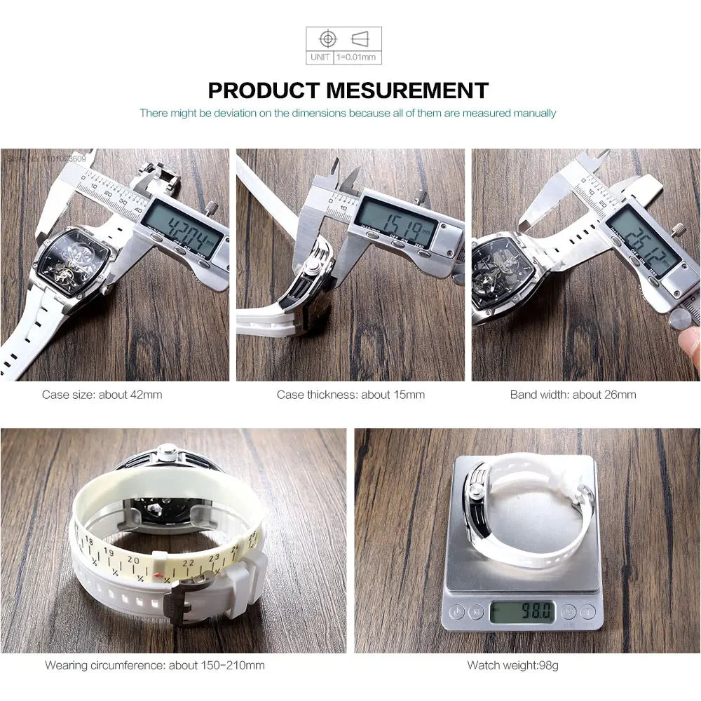 Men's Automatic Mechanical Watch with Stainless Steel Case Silicone Band Skeleton Dial Waterproof Sport Wristwatch