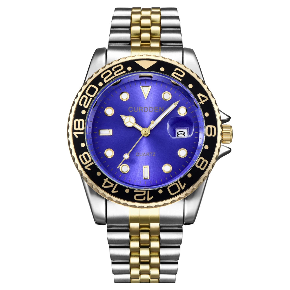 Men’s Classic Quartz Watch – Gold & Silver Full Steel, Vintage Style, Simple Date, Elegant Wristwatch
