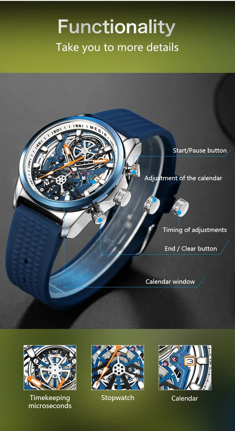 Sport Quartz Watch Men Fashion Waterproof Chronograph Wristwatch with Date Olive Green Silicone Strap Luminous