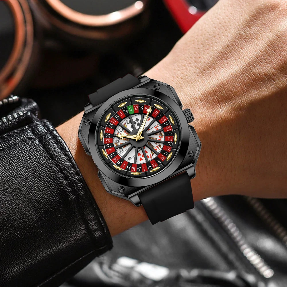 Brand Quartz Movement Men Watch 42mm Square Silver Black Silicone Clock Creative Rotating Compass Military Men Watch