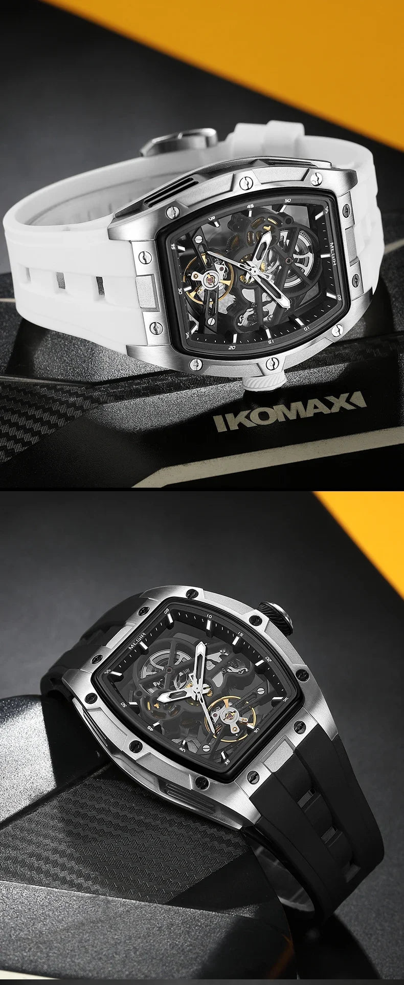 Men's Automatic Mechanical Watch with Stainless Steel Case Silicone Band Skeleton Dial Waterproof Sport Wristwatch