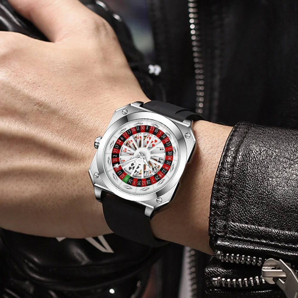 Brand Quartz Movement Men Watch 42mm Square Silver Black Silicone Clock Creative Rotating Compass Military Men Watch