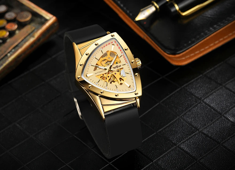 High Range Men's Automatic Mechanica Watches Luminous Luxury Tourbillon Gold Wristwatch Rubber Strap Triangle