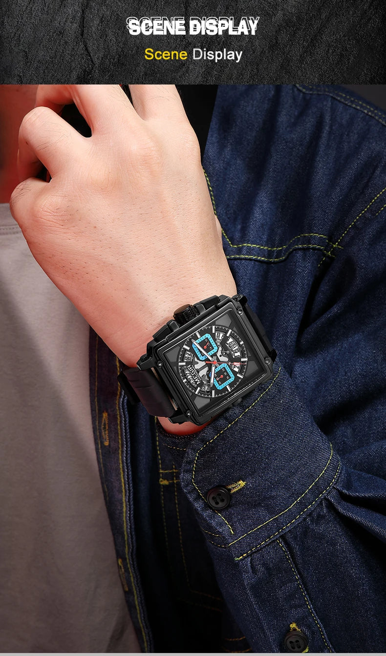 Navy Blue Quartz Watch for Men Chronograph Waterproof Wristwatch with Silicone Strap Luminous Hands Date