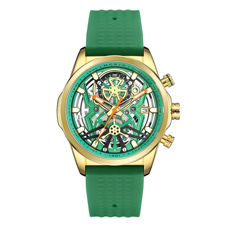 Sport Quartz Watch Men Fashion Waterproof Chronograph Wristwatch with Date Olive Green Silicone Strap Luminous