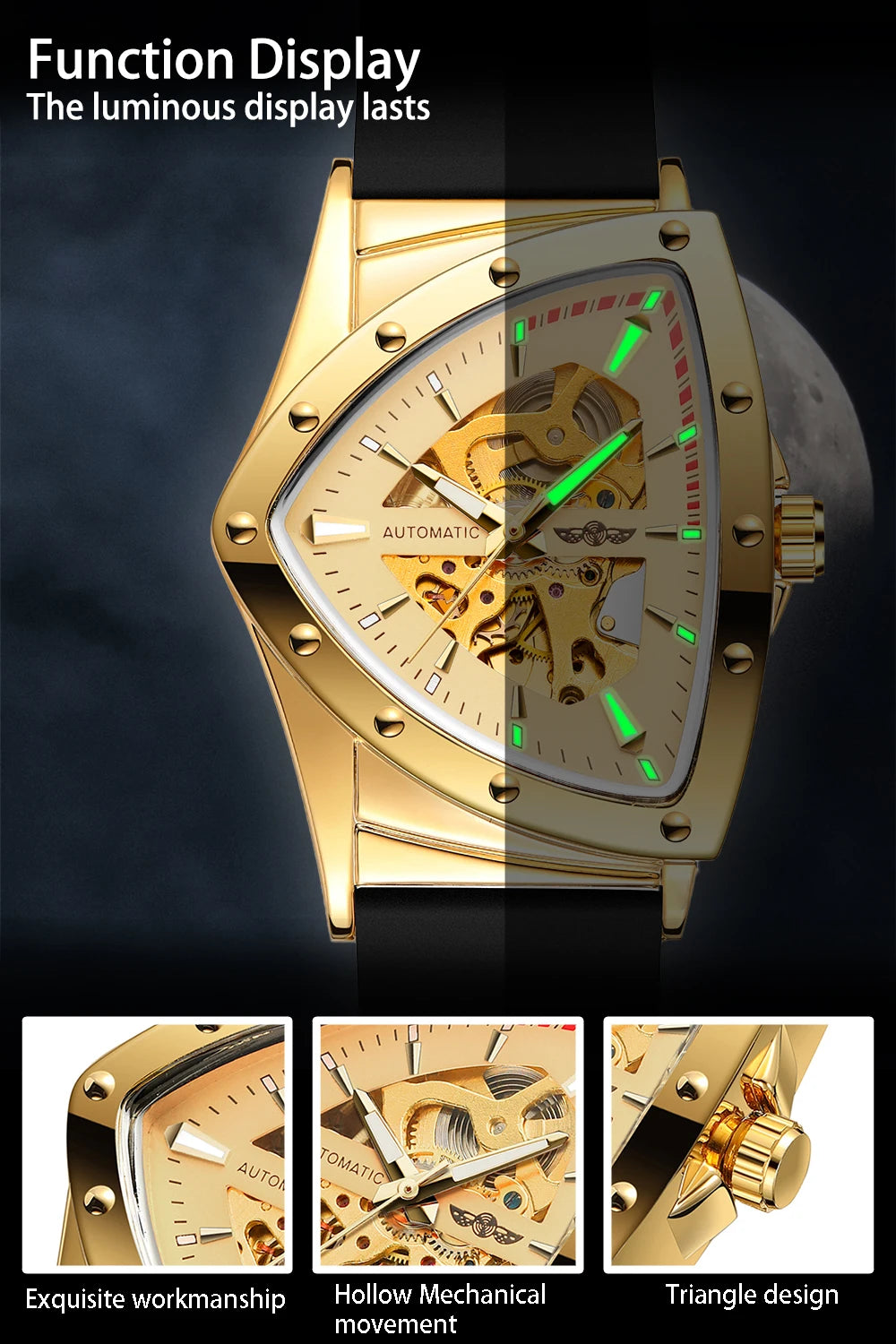High Range Men's Automatic Mechanica Watches Luminous Luxury Tourbillon Gold Wristwatch Rubber Strap Triangle