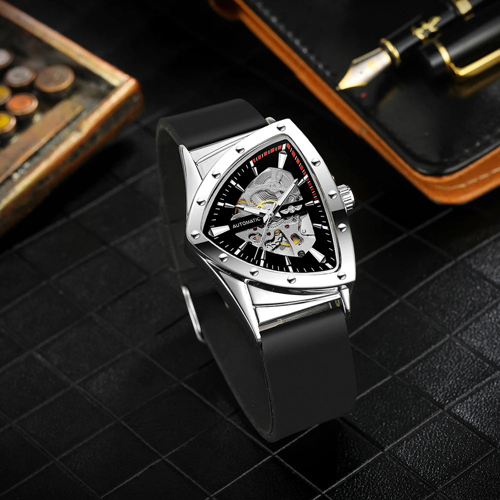 High Range Men's Automatic Mechanica Watches Luminous Luxury Tourbillon Gold Wristwatch Rubber Strap Triangle
