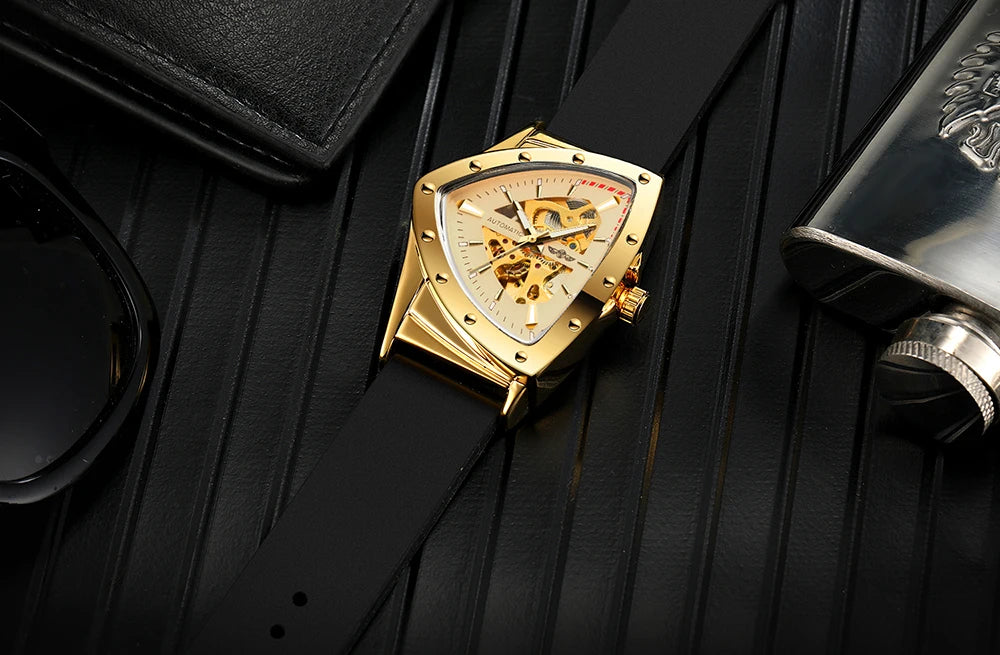 High Range Men's Automatic Mechanica Watches Luminous Luxury Tourbillon Gold Wristwatch Rubber Strap Triangle