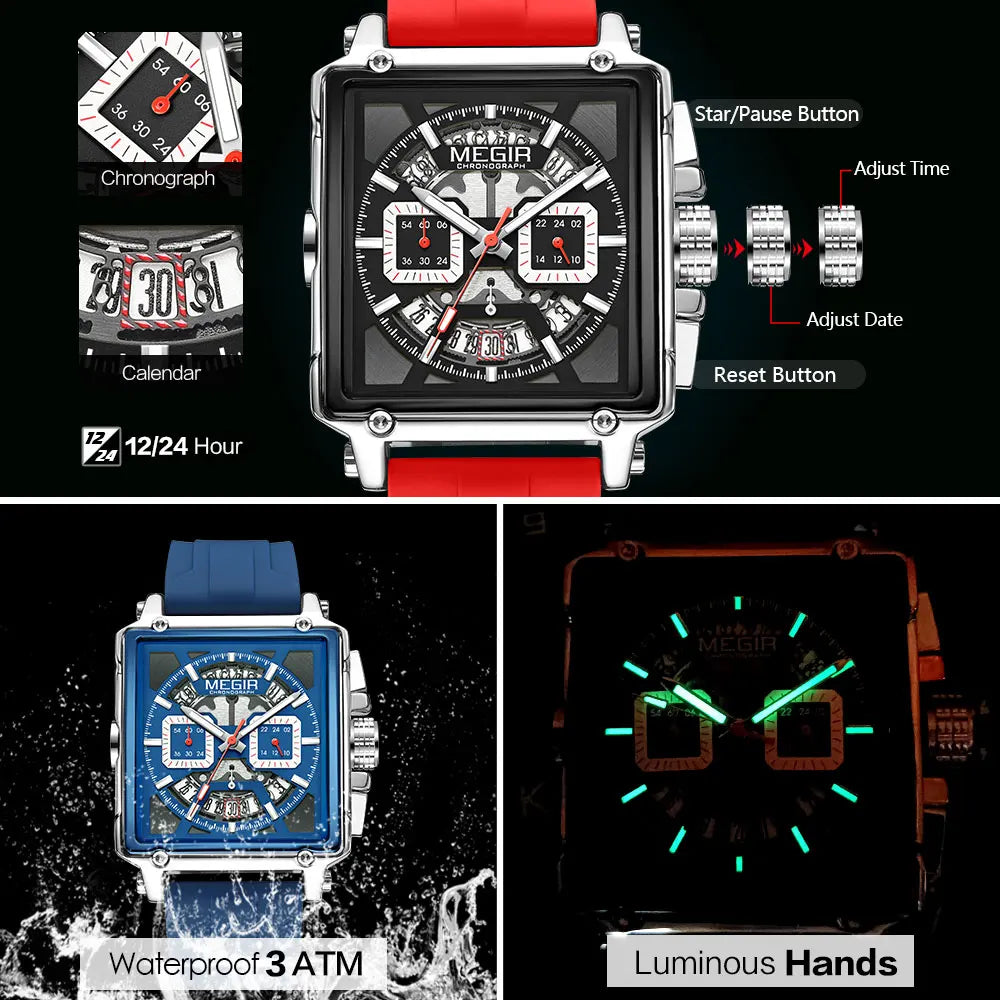 Navy Blue Quartz Watch for Men Chronograph Waterproof Wristwatch with Silicone Strap Luminous Hands Date