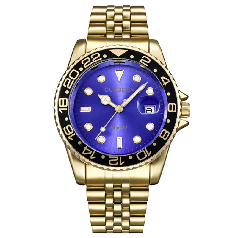 Men’s Classic Quartz Watch – Gold & Silver Full Steel, Vintage Style, Simple Date, Elegant Wristwatch