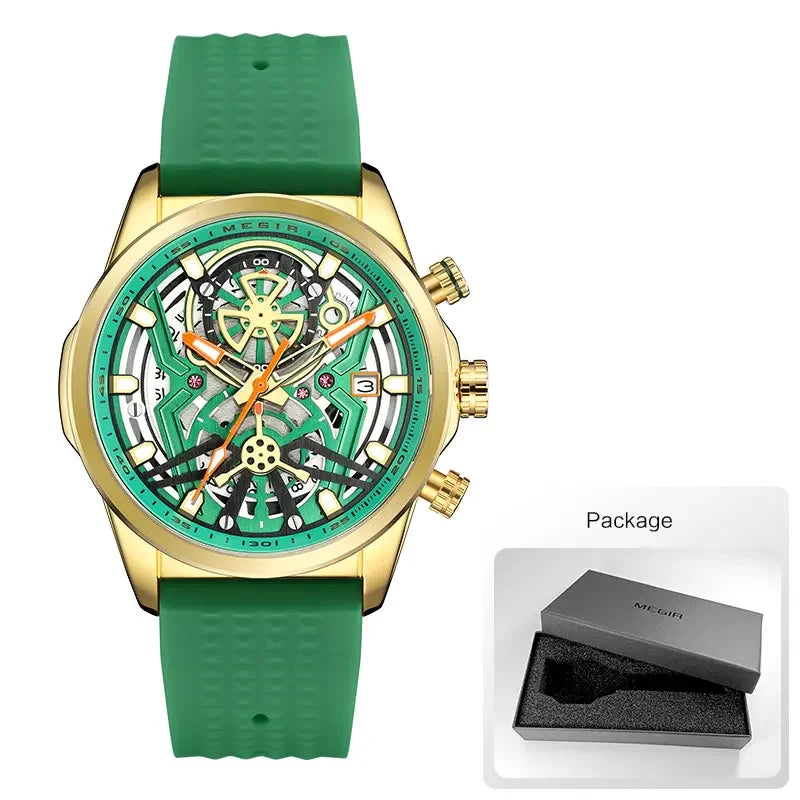 Sport Quartz Watch Men Fashion Waterproof Chronograph Wristwatch with Date Olive Green Silicone Strap Luminous