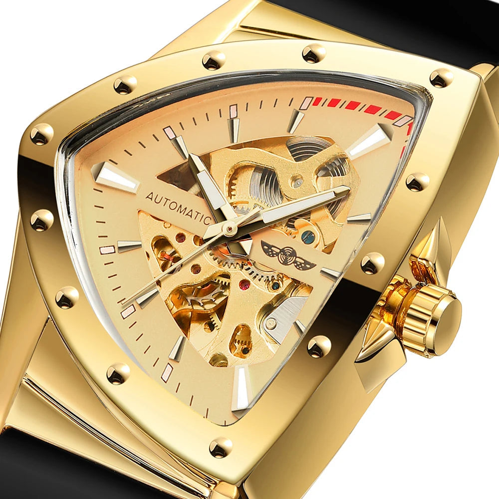 High Range Men's Automatic Mechanica Watches Luminous Luxury Tourbillon Gold Wristwatch Rubber Strap Triangle