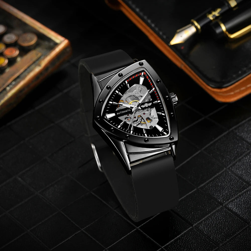 High Range Men's Automatic Mechanica Watches Luminous Luxury Tourbillon Gold Wristwatch Rubber Strap Triangle