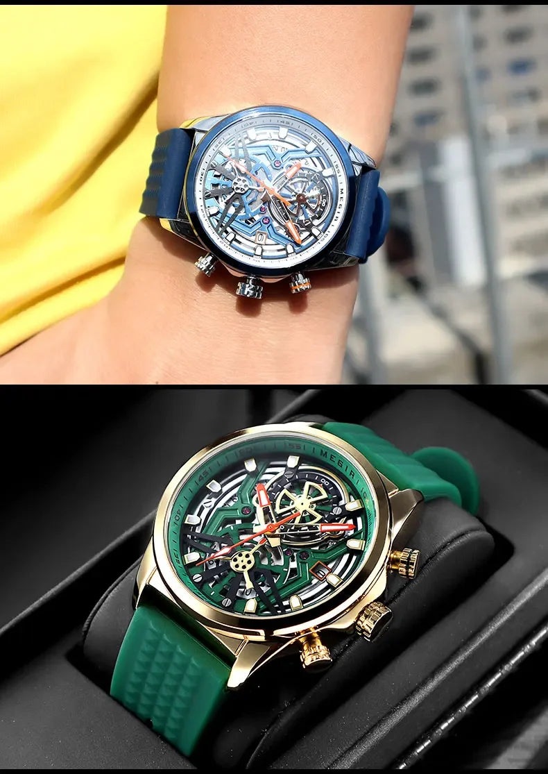 Sport Quartz Watch Men Fashion Waterproof Chronograph Wristwatch with Date Olive Green Silicone Strap Luminous