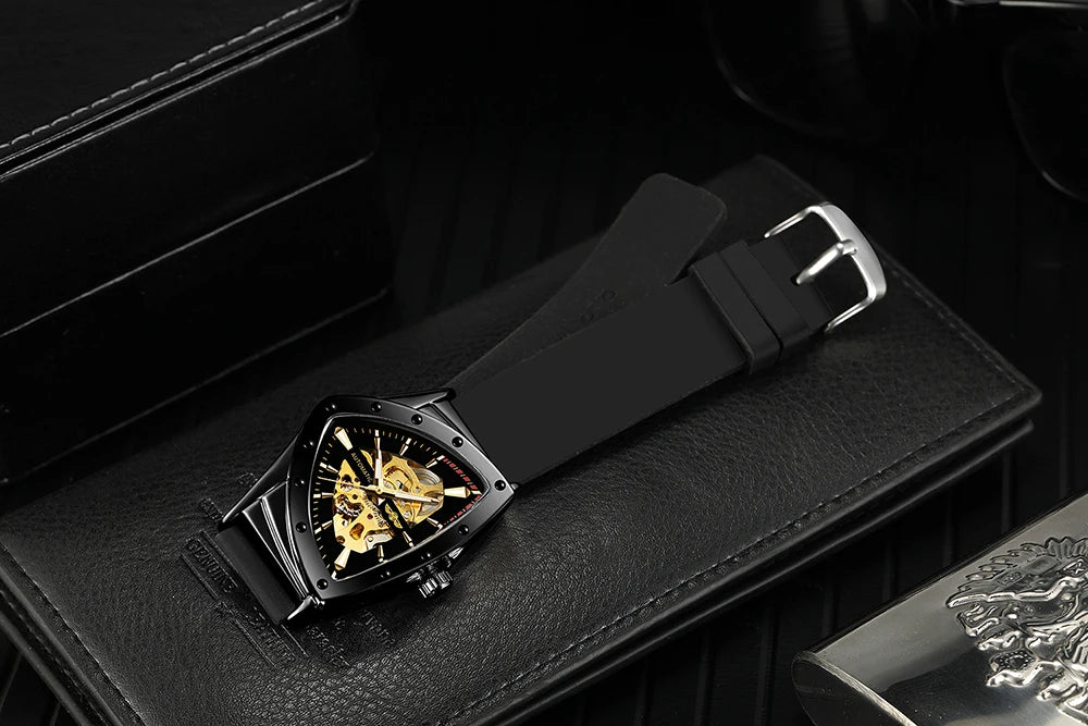 High Range Men's Automatic Mechanica Watches Luminous Luxury Tourbillon Gold Wristwatch Rubber Strap Triangle