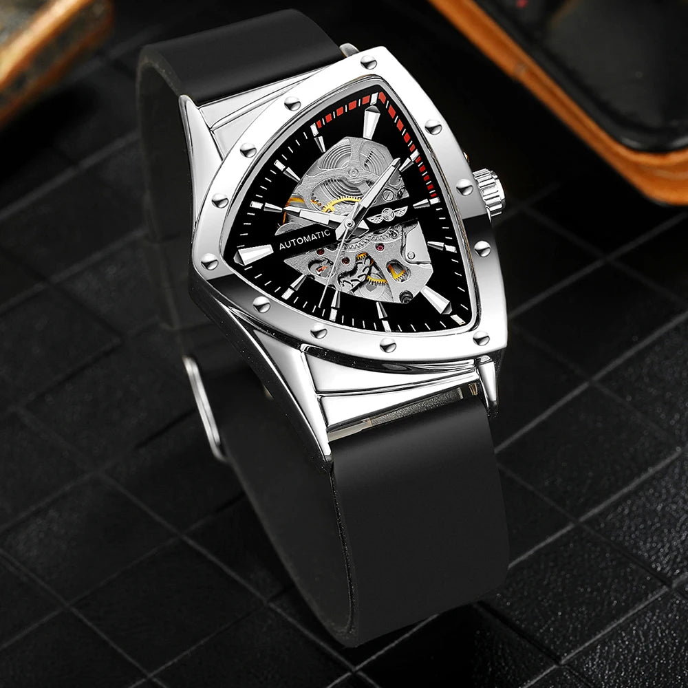 High Range Men's Automatic Mechanica Watches Luminous Luxury Tourbillon Gold Wristwatch Rubber Strap Triangle