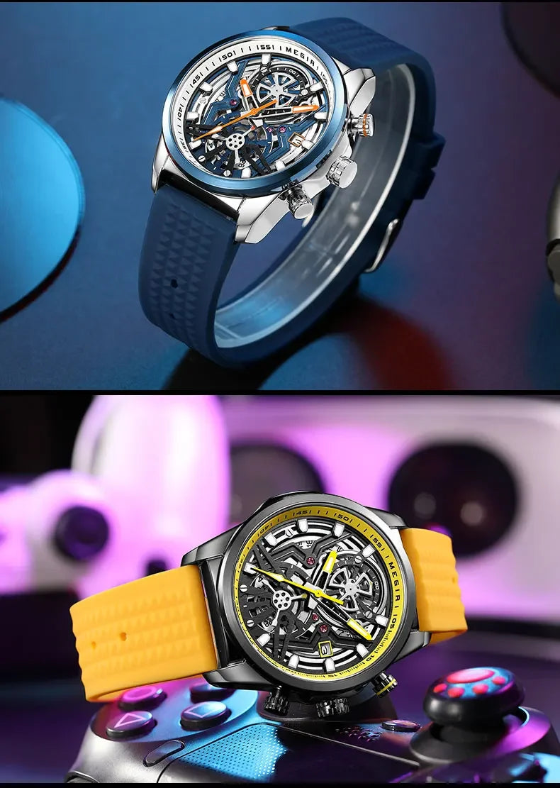 Sport Quartz Watch Men Fashion Waterproof Chronograph Wristwatch with Date Olive Green Silicone Strap Luminous