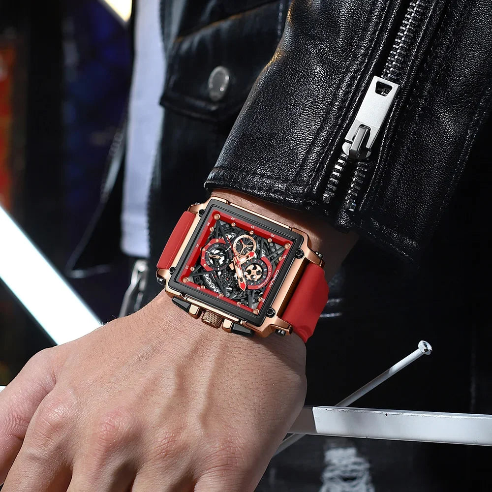 Men’s Sport Chronograph Watch – Square Quartz Design & Silicone Strap