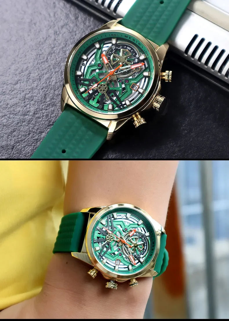 Sport Quartz Watch Men Fashion Waterproof Chronograph Wristwatch with Date Olive Green Silicone Strap Luminous