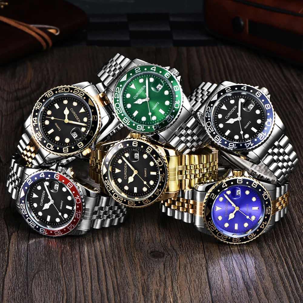Men’s Classic Quartz Watch – Gold & Silver Full Steel, Vintage Style, Simple Date, Elegant Wristwatch