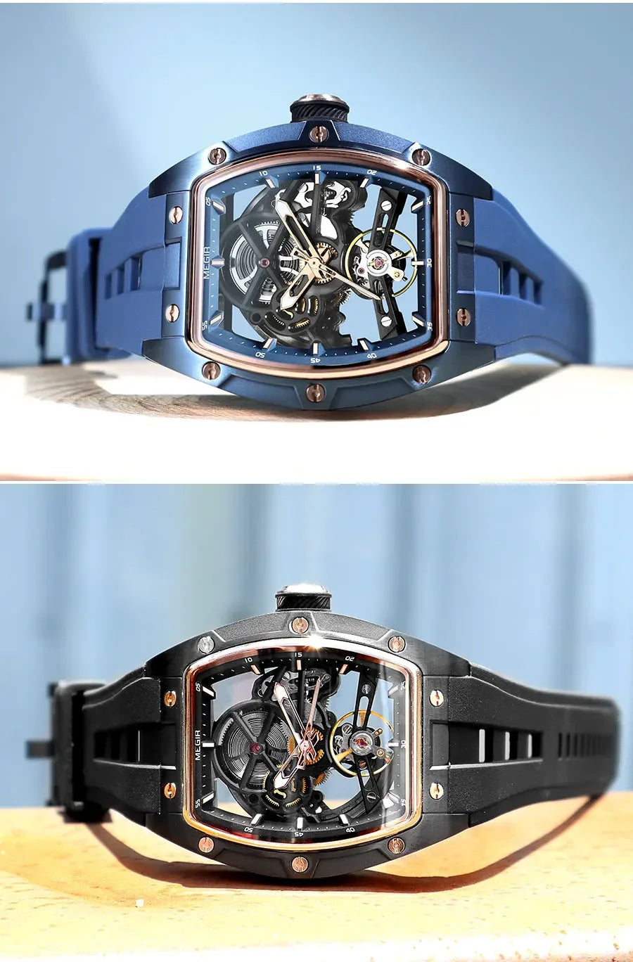 Men's Automatic Mechanical Watch with Stainless Steel Case Silicone Band Skeleton Dial Waterproof Sport Wristwatch