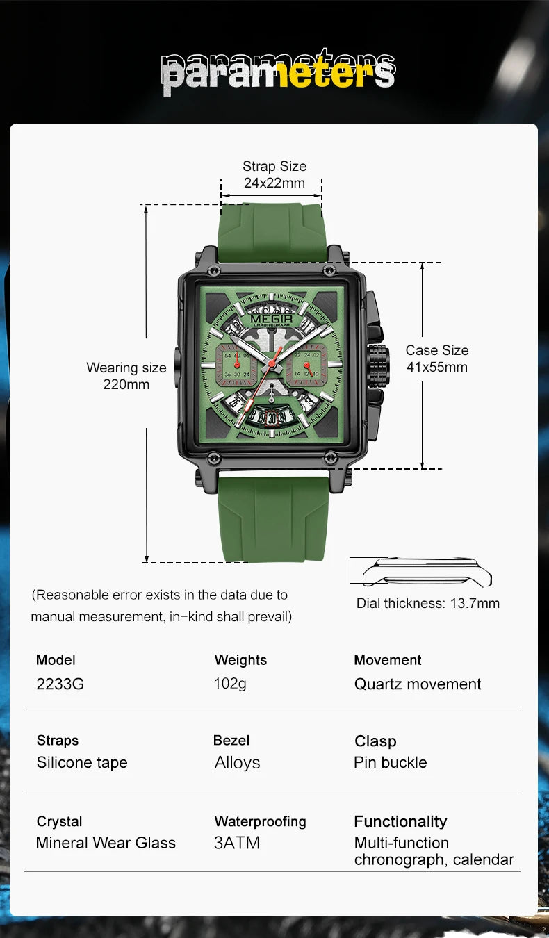 Navy Blue Quartz Watch for Men Chronograph Waterproof Wristwatch with Silicone Strap Luminous Hands Date