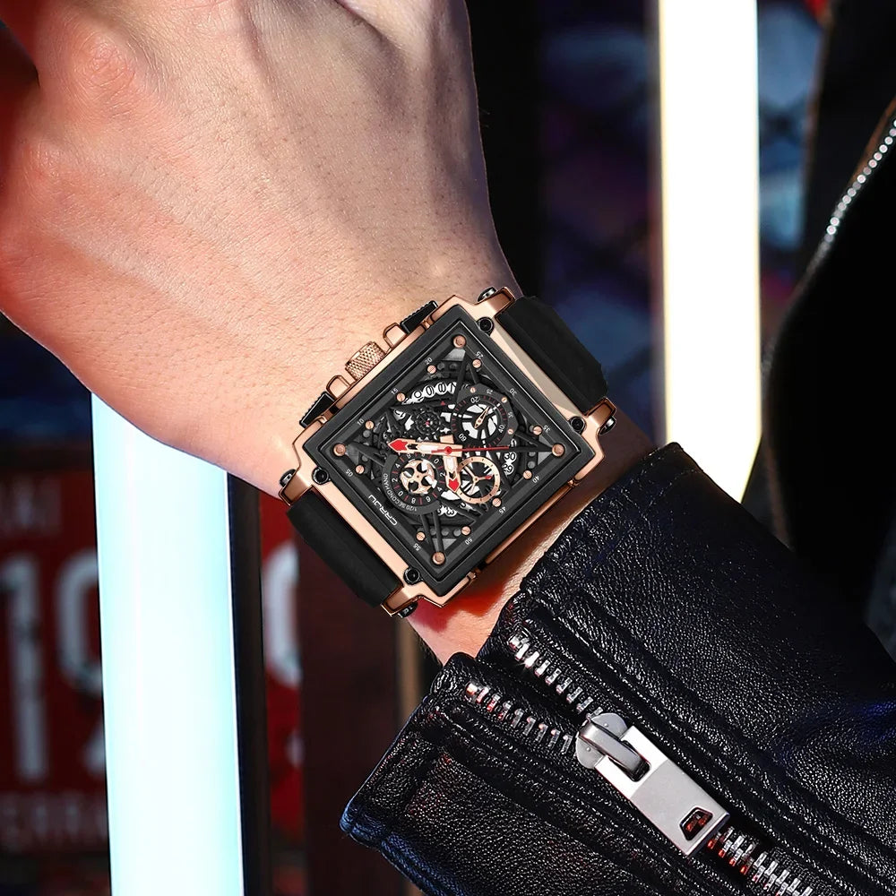 Men’s Sport Chronograph Watch – Square Quartz Design & Silicone Strap