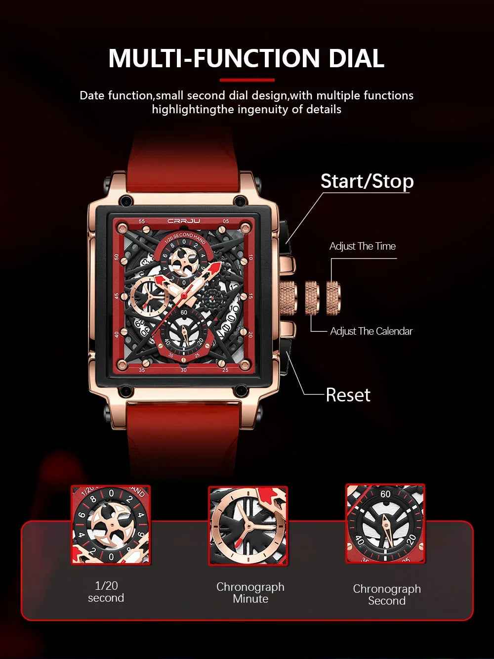 Men’s Sport Chronograph Watch – Square Quartz Design & Silicone Strap