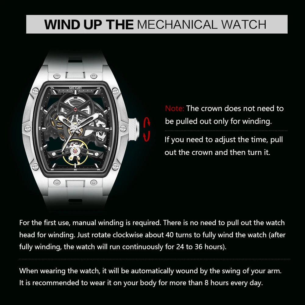 Men's Automatic Mechanical Watch with Stainless Steel Case Silicone Band Skeleton Dial Waterproof Sport Wristwatch
