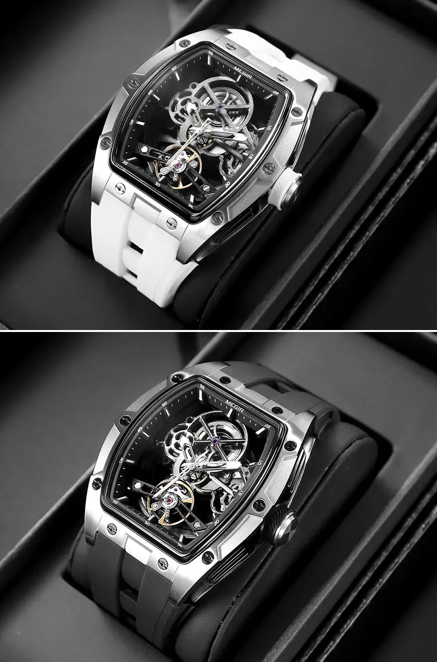 Men's Automatic Mechanical Watch with Stainless Steel Case Silicone Band Skeleton Dial Waterproof Sport Wristwatch