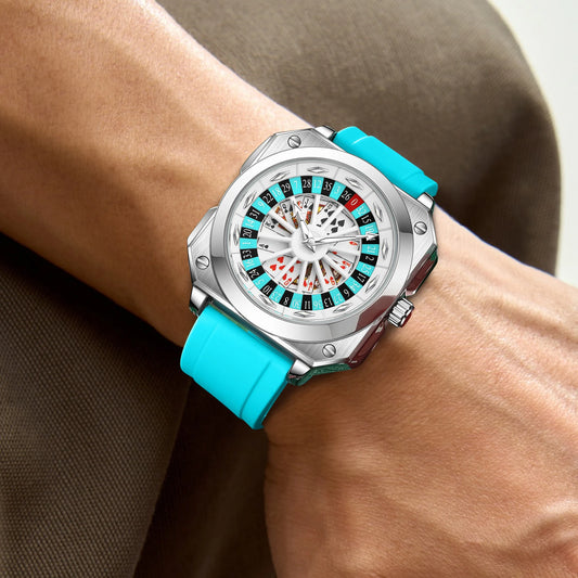 Brand Quartz Movement Men Watch 42mm Square Silver Black Silicone Clock Creative Rotating Compass Military Men Watch