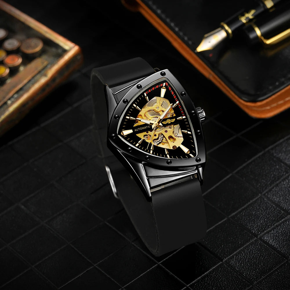 High Range Men's Automatic Mechanica Watches Luminous Luxury Tourbillon Gold Wristwatch Rubber Strap Triangle