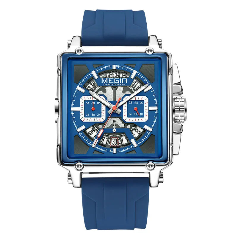 Navy Blue Quartz Watch for Men Chronograph Waterproof Wristwatch with Silicone Strap Luminous Hands Date
