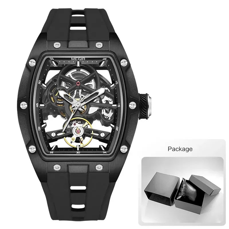 Men's Automatic Mechanical Watch with Stainless Steel Case Silicone Band Skeleton Dial Waterproof Sport Wristwatch