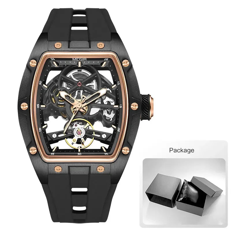 Men's Automatic Mechanical Watch with Stainless Steel Case Silicone Band Skeleton Dial Waterproof Sport Wristwatch