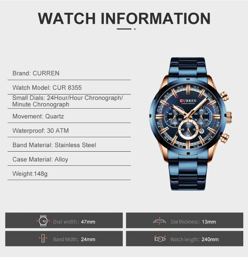 Top Brand Luxury Military Leather Wrist Watch Casual Sport Watches for Men Blue Man Clock Fashion Chronograph Wristwatch