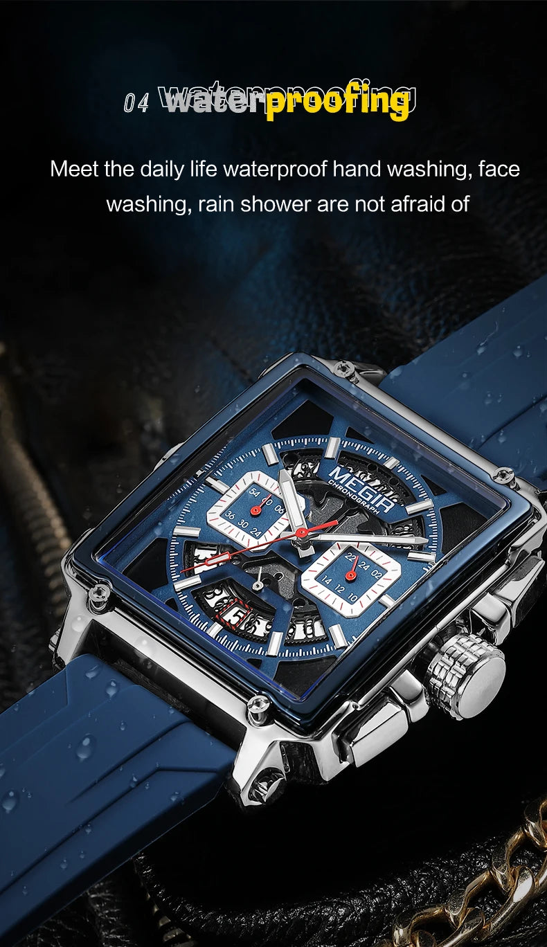 Navy Blue Quartz Watch for Men Chronograph Waterproof Wristwatch with Silicone Strap Luminous Hands Date