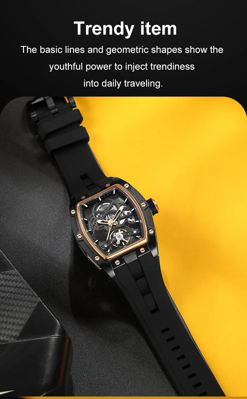Men's Automatic Mechanical Watch with Stainless Steel Case Silicone Band Skeleton Dial Waterproof Sport Wristwatch