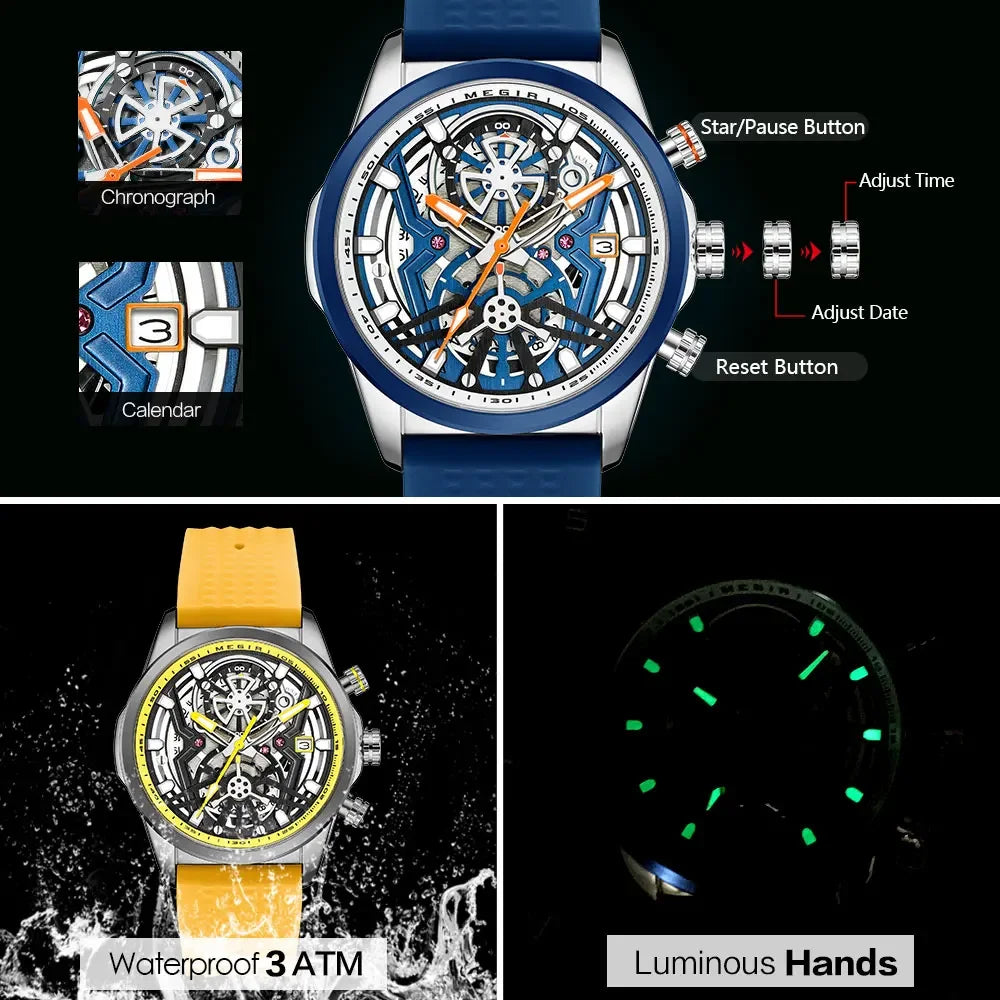 Sport Quartz Watch Men Fashion Waterproof Chronograph Wristwatch with Date Olive Green Silicone Strap Luminous