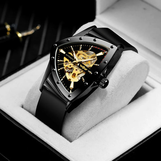 High Range Men's Automatic Mechanica Watches Luminous Luxury Tourbillon Gold Wristwatch Rubber Strap Triangle